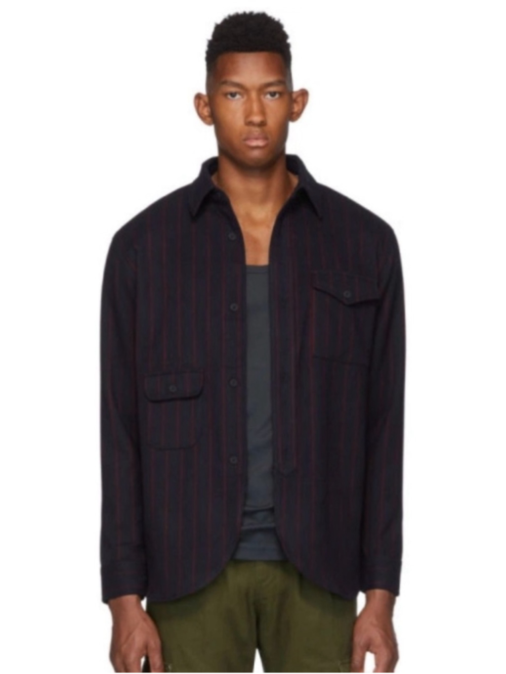 Han Kjobenhavn Navy Red Pinstripe Army Shirt Wool Blend Overshirt Minimalist